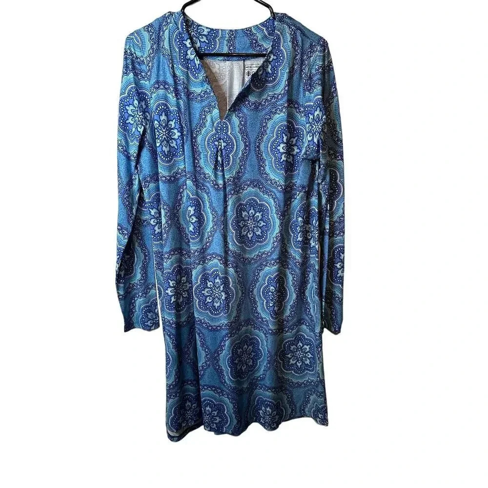 Coolibar Women's Blue Paisley Print Long Sleeve City Walk Tunic Dress Size M